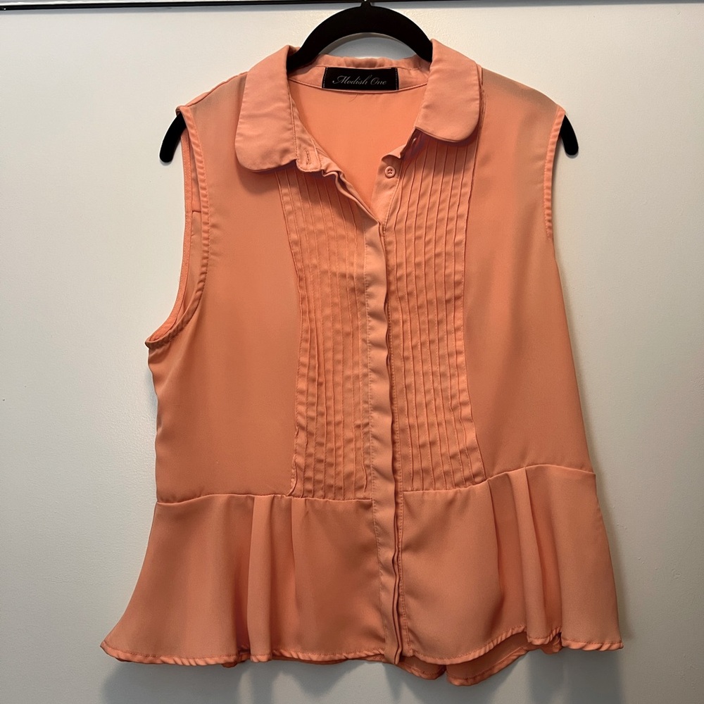 Modish one sleeveless button-down peplum peach blouse, size S